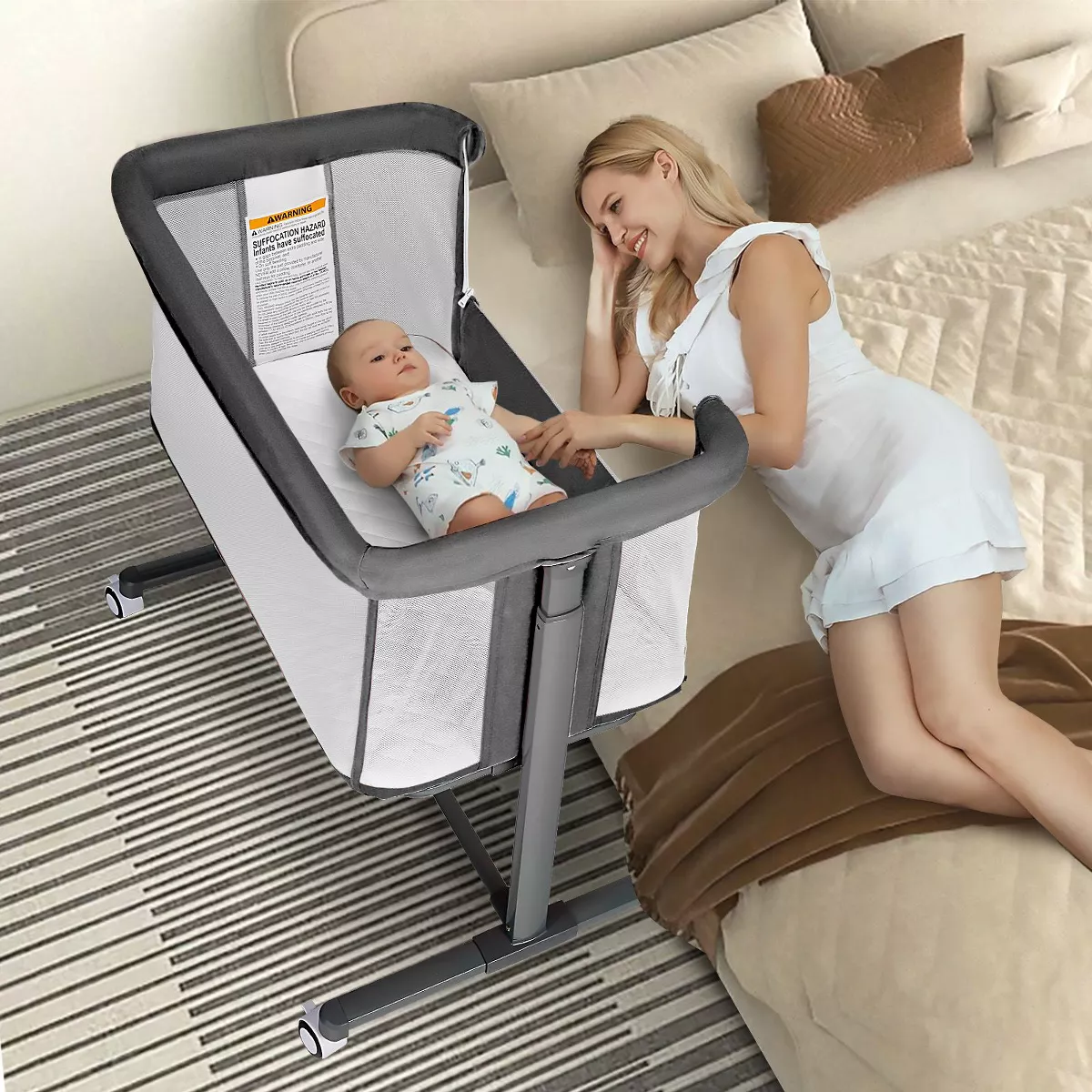 Kinder King Baby Folding Bassinet w/Wheels,Portable Newborn Bedside Sleeper All-Sided Mesh Infant Cr